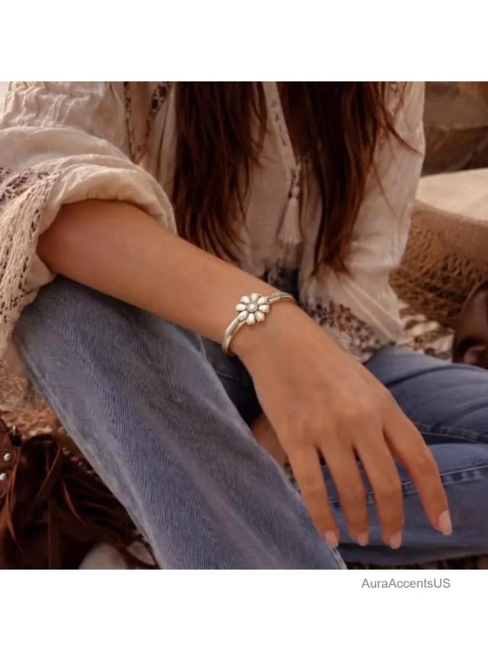 Western Turquoise Flower Adjustable Open Cuff Bracelet, Howlite & Copper